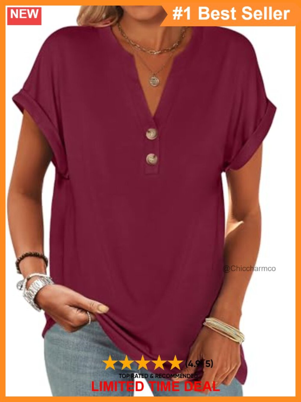 Womens Henley V-Neck Short Sleeve Loose Tunic Tee Casual Summer Top